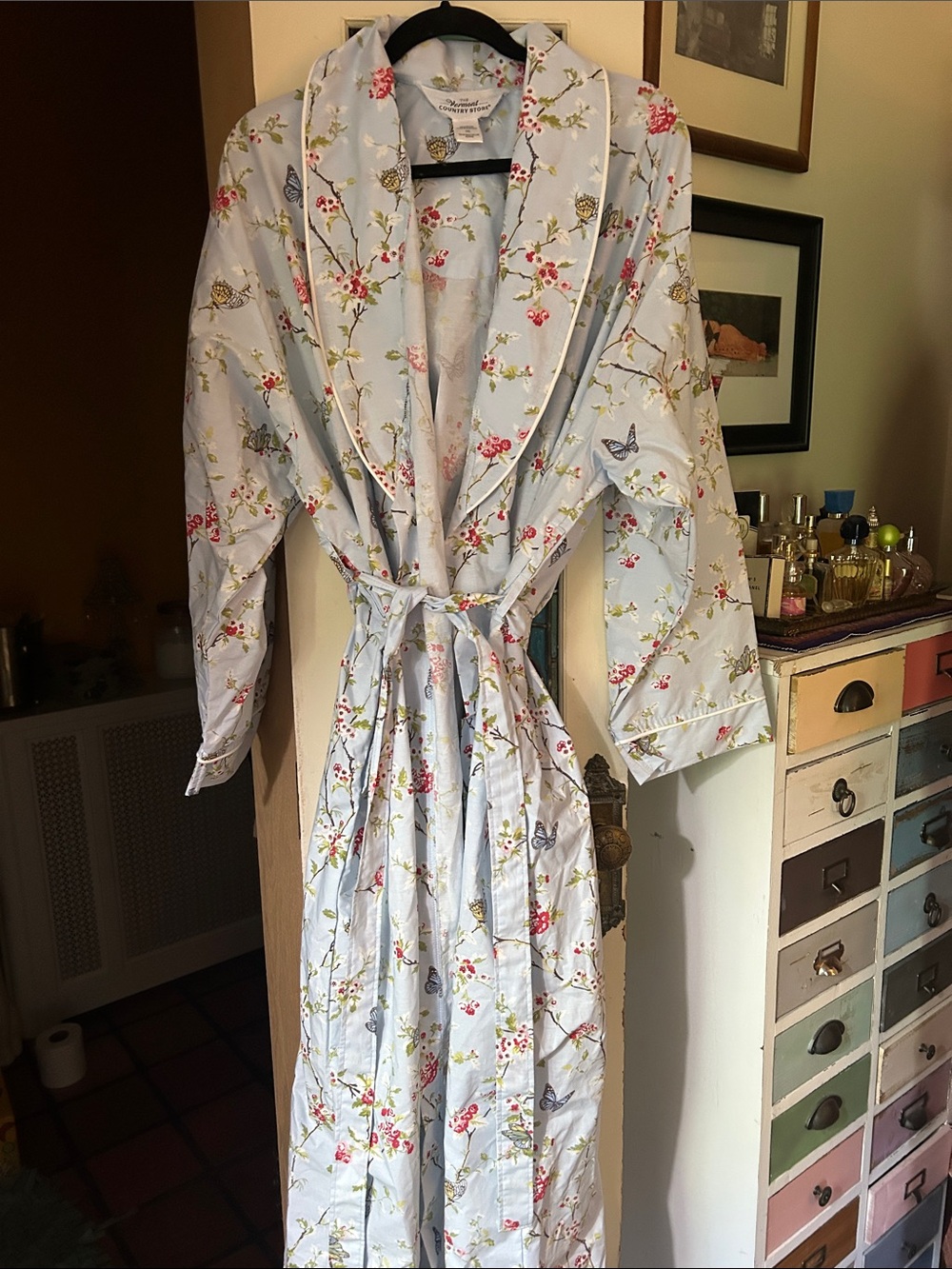 Vermont Country Store, light blue, floral butterfly, 100% cotton robe size 2XL